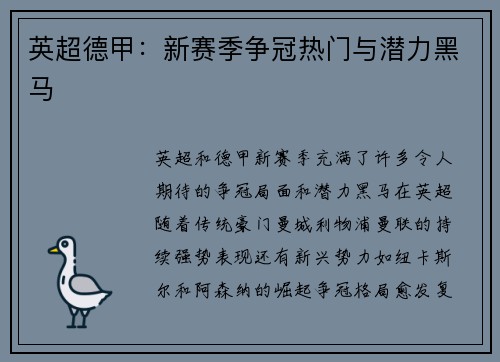 英超德甲：新赛季争冠热门与潜力黑马