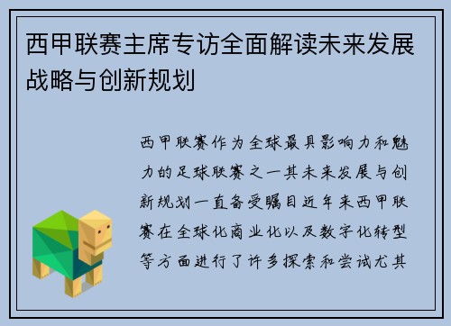 西甲联赛主席专访全面解读未来发展战略与创新规划