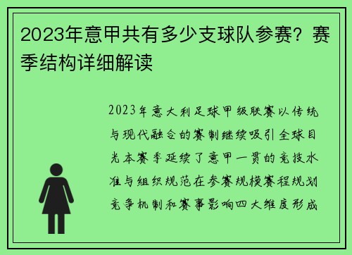 2023年意甲共有多少支球队参赛？赛季结构详细解读